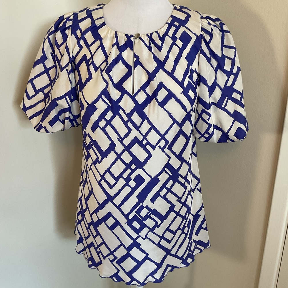 Banana Republic 100% Silk Puff Sleeve Top Geometric Print Small Office Chic - Picture 2 of 6